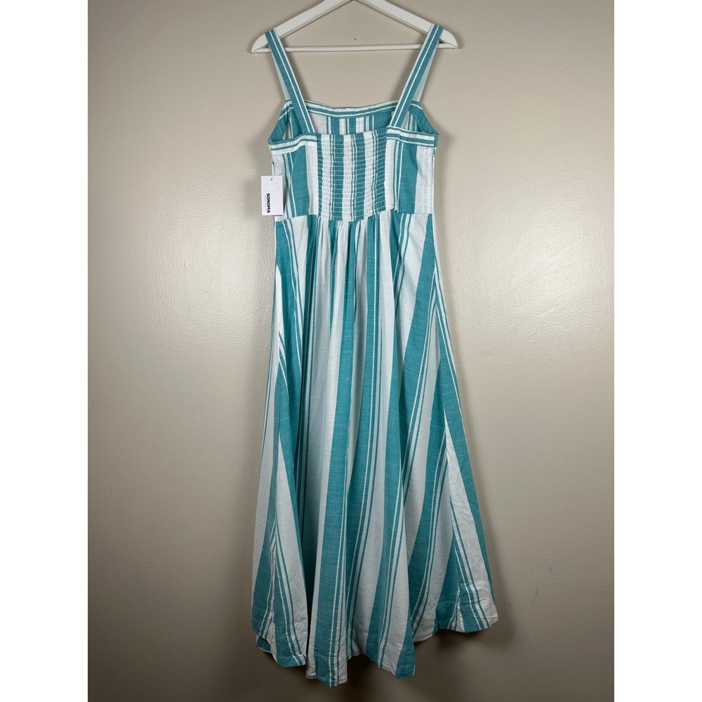 Sonoma Women's Small Maxi Dress Sea Foam Green White Striped Smocked NEW